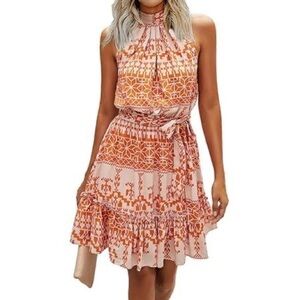 BTFBM Floral Dresses Casual Summer Sleeveless Halter Neck Ruffle Belt Boho